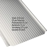 Stehfalzblech PD-510-S Mikro, Grauweiß RAL 9002, 0,50 mm Stahl, mit eingeblendeten Eckdaten