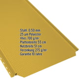 Stehfalzblech PD-510-S Rapsgelb (RAL 1021) mit eingeblendeten Eckdaten zu Material, Beschichtung und Massen