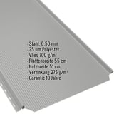 Stehfalzblech PD-510-S Lichtgrau (RAL 7035) mit eingeblendeten technischen Daten und Eigenschaften