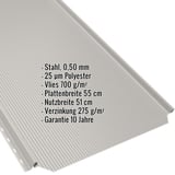 Stehfalzblech PD-510-S Reinweiß (RAL 9010) mit eingeblendeten Eckdaten zu Material, Stärke und Beschichtung