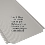 Stehfalzblech PD-510-S Grauweiß, schräg von oben mit eingeblendeten Eckdaten