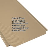 Stehfalzblech PD-510-S Sandgelb, Stahl 0,50 mm, Polyester 25 µm, mit eingeblendeten Eckdaten