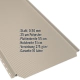 Stehfalzblech PD-510-S Hellelfenbein, 0,50 mm Stahl, mit eingeblendeten Eckdaten