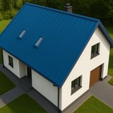 Stehfalzblech PD-510-S Enzianblau auf einem Einfamilienhaus mit Garage und zwei Dachfenstern