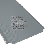 Stehfalzblech PD-510-S Fehgrau (RAL 7000) mit eingeblendeten Eckdaten zu Material, Staerke und Beschichtung