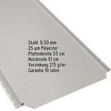 Stehfalzblech PD-510-S Reinweiß (RAL 9010) mit eingeblendeten Eckdaten zu Material, Stärke und Beschichtung