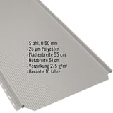 Stehfalzblech PD-510-S Grauweiß, 0,50 mm Stahl, mit eingeblendeten technischen Daten