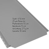 Stehfalzblech PD-510-S Weißaluminium, Detailansicht mit eingeblendeten Eckdaten zu Material, Staerke und Beschichtung