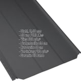 Stehfalzblech PD-510-S Tiefschwarz, Stahl 0,50 mm, PURLAK 50 µm, Vlies 700 g/m², Eckdaten eingeblendet