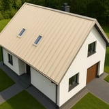 Kleines Einfamilienhaus mit Stehfalzblech PD-510-S Hellelfenbein und zwei Dachfenstern