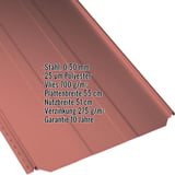 Stehfalzblech PD-510-S Trapez Korallenrot mit eingeblendeten Eckdaten zu Material, Staerke und Beschichtung