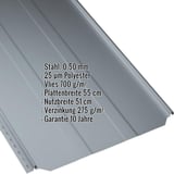 Stehfalzblech PD-510-S Fehgrau, Stahl 0,50 mm, Polyester 25 µm, Vlies 700 g/m², Eckdaten eingeblendet