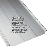 Stehfalzblech PD-510-S Trapez Lichtgrau mit eingeblendeten Eckdaten zu Material und Beschichtung