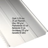 Stehfalzblech PD-510-S Reinweiß, Stahl 0,50 mm, mit eingeblendeten technischen Daten und Eigenschaften