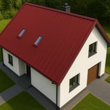 Stehfalzblech PD-510-S Kirschrot auf einem Einfamilienhaus mit Dachfenstern, Draufsicht