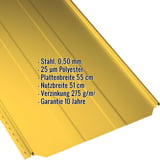 Stehfalzblech PD-510-S Trapez Rapsgelb mit eingeblendeten Eckdaten zu Material, Staerke, Breite und Garantie