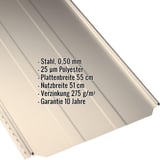 Stehfalzblech PD-510-S Trapez Hellelfenbein RAL 1015, 0,50 mm Stahl, mit eingeblendeten Eckdaten