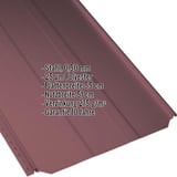 Stehfalzblech PD-510-S Trapez weinrot, 0,50 mm Stahl, mit eingeblendeten technischen Daten
