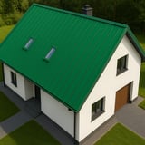 Haus von oben mit Dach aus Stehfalzblech PD-510-S Trapez Minzgrün, mit zwei Dachfenstern