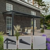 Terrassenüberdachung RAL 7016 mit 8,00 mm Glasdach und drei Detailansichten