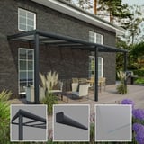 Terrassenüberdachung in RAL 7016 mit 8,00 mm Glasdach, Details von Pfosten, Zierleiste und Glasplatte
