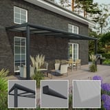 Terrassenüberdachung in RAL 7016 mit Detailansichten von Pfosten, Zierleiste und 16 mm Polycarbonatplatte