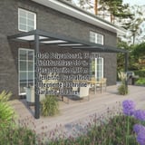 Terrassenüberdachung 16 mm, RAL 7016, mit eingeblendeten Eckdaten zu Dach, Lichtdurchlass, Breite und Garantie