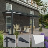 Terrassenüberdachung RAL 7016 mit 16 mm Polycarbonatdach und Detailansichten