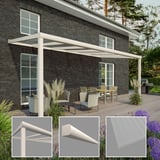 Terrassenüberdachung RAL 9001, 16 mm, mit Detailansichten von Profil, Zierleiste und Polycarbonatplatte