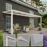 Terrassenüberdachung RAL 9001, 16 mm Polycarbonatdach, mit Detailansichten von Profil und Platte