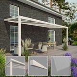 Terrassenüberdachung RAL 9001, 16 mm, mit Detailansichten von Profil, Zierleiste und Polycarbonatplatte
