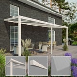 Terrassenüberdachung RAL 9001, 16 mm, mit Detailansichten von Rahmen, Zierleiste und Polycarbonat-Dachplatte