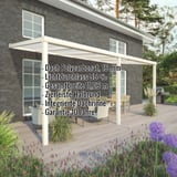Terrassenüberdachung 16 mm, RAL 9001, mit eingeblendeten Eckdaten zu Dach, Lichtdurchlass, Breite, Zierleiste, Dachrinne,