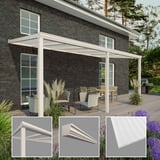 Terrassenüberdachung RAL 9001, Gesamtansicht mit Detailausschnitten von Profil, Zierleiste und Dachplatte