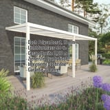 Terrassenüberdachung RAL 9001 mit eingeblendeten Eckdaten zu Dach, Lichtdurchlass und Garantie