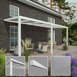 Terrassenüberdachung Sunrooms RAL 9016, 8,00 mm Glasdach, mit Detailansichten von Profil und Glas