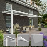 Terrassenüberdachung RAL 9016 mit 16 mm Polycarbonatdach, Anwendungsbeispiel mit Detailansichten