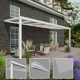 Terrassenüberdachung RAL 9016, Hauptansicht mit Detailausschnitten von Profil, Zierleiste und Platte