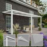 Terrassenueberdachung Sunrooms 16mm Polycarbonat RAL 9016 mit Detailansichten von Profil und Platte