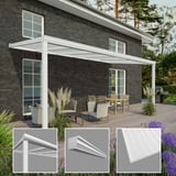Terrassenüberdachung 16 mm, RAL 9016, mit drei Detailausschnitten: Pfosten, Zierleiste und Dachplatte