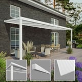 Terrassenüberdachung RAL 9016, 16 mm, mit Detailansichten von Rahmen, Zierleiste und Polycarbonatplatte