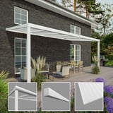 Terrassenüberdachung RAL 9016 mit Detailansichten von Profil, Zierleiste und Dachplatte