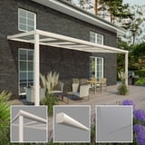 Terrassenüberdachung RAL 9001 mit 8,00 mm Glasdach und Detailansichten von Profil und Glas