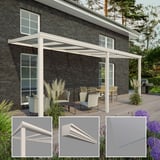 Terrassenüberdachung RAL 9001, 8,00 mm Glasdach, mit Detailansichten von Profil und Glas