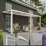 Terrassenüberdachung RAL 9001, Hauptansicht mit drei Detailausschnitten: Pfosten, Zierleiste, Polycarbonatplatte 16 mm