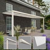 Terrassenüberdachung RAL 9001, 16 mm, mit Detailansichten von Pfosten, Zierleiste und Polycarbonatplatte
