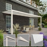 Terrassenüberdachung 16 mm, RAL 9001, mit Detailansichten von Profil, Zierleiste und Polycarbonat-Dach