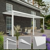 Terrassenüberdachung Sunrooms RAL 9016, 16 mm Polycarbonat, mit Detailansichten der Profile