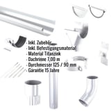 Titanzink Dachrinnen Sparpaket mit Zubehoer und eingeblendeten Eckdaten