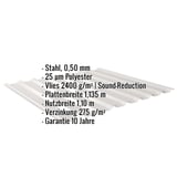 Trapezblech 20/1100 Lichtgrau mit eingeblendeten Eckdaten zu Material, Staerke, Beschichtung und Massen